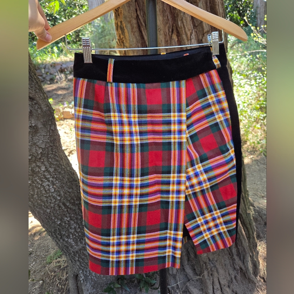 Alexandre Vauthier Velvet Trimmed Checkered Wool Size‎ 36 Plaid Skirt